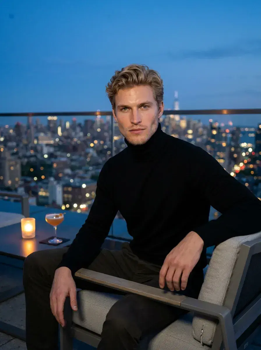 AI AI Rooftop Bar Photos — Sky-High Vibes — Person at rooftop lounge with candlelit table and New York City skyline at dusk