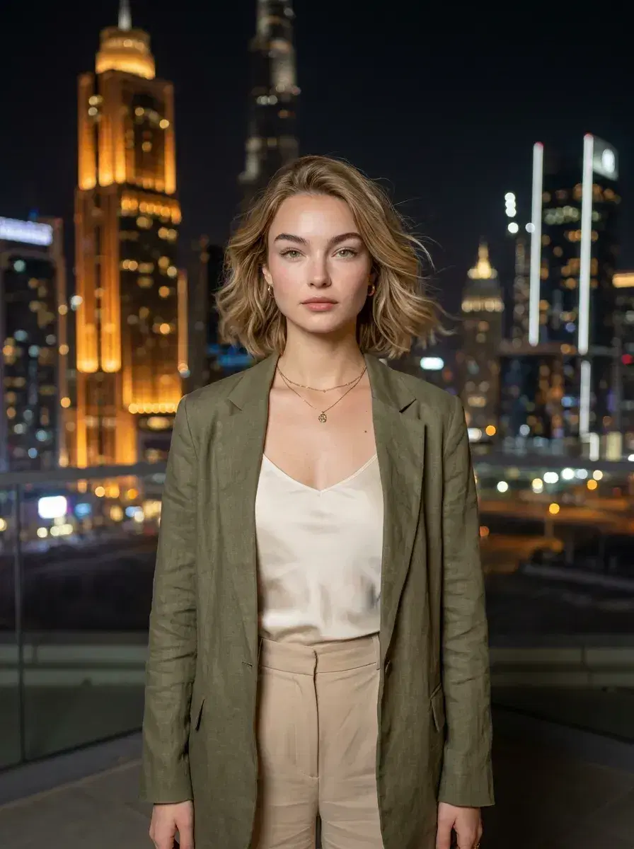 AI AI Rooftop Bar Photos — Sky-High Vibes — Person on rooftop bar in Dubai with illuminated skyscrapers behind at night