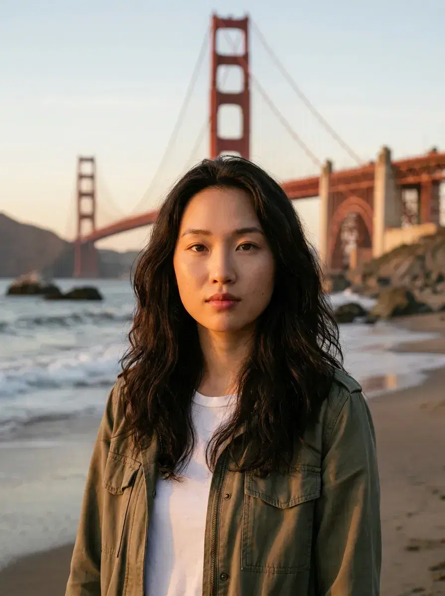 AI AI San Francisco Photos — Bay City Vibes — Person at Baker Beach with full Golden Gate Bridge view at golden hour, AI San Francisco photo