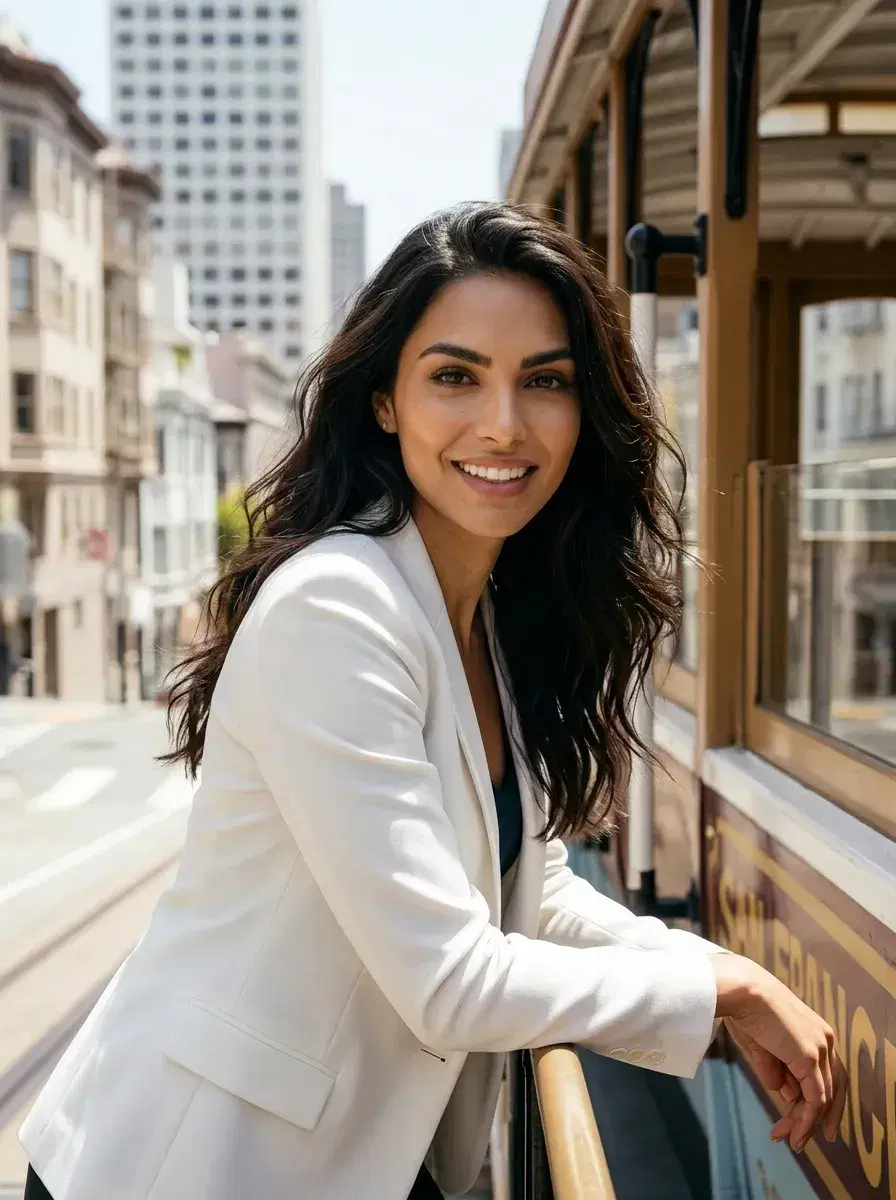 AI AI San Francisco Photos — Bay City Vibes — Person on a San Francisco cable car with steep city street behind, AI San Francisco photo