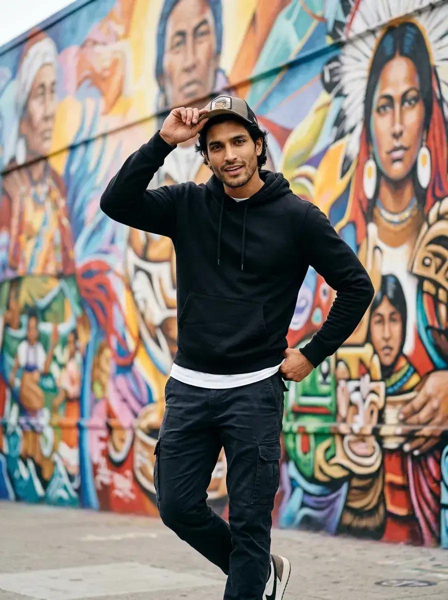 AI AI San Francisco Photos — Bay City Vibes — Person in front of a vibrant Mission District mural, AI San Francisco photo