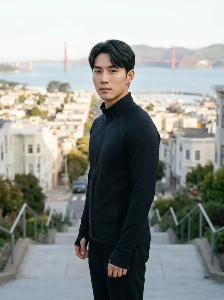 AI AI San Francisco Photos — Bay City Vibes — Person at Lyon Street Steps with panoramic SF bay view, AI San Francisco photo