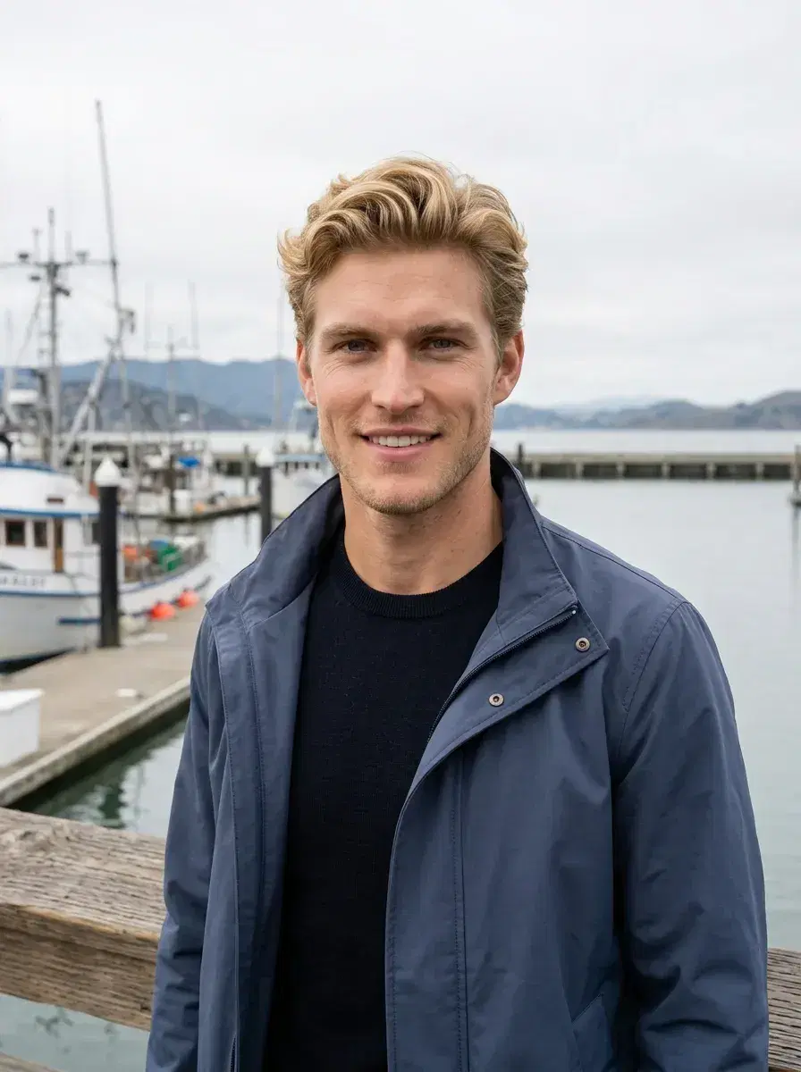 AI AI San Francisco Photos — Bay City Vibes — Person at Fisherman's Wharf with bay and boats behind, AI San Francisco photo