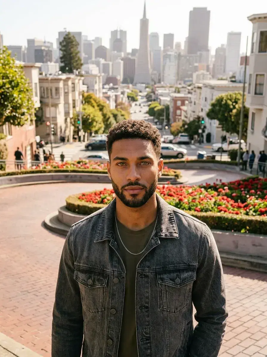 AI AI San Francisco Photos — Bay City Vibes — Person on Lombard Street with winding road and city skyline, AI San Francisco photo