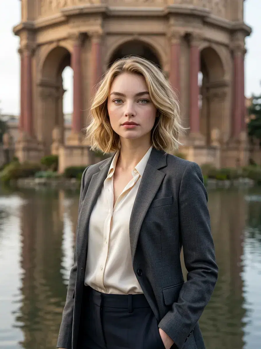 AI AI San Francisco Photos — Bay City Vibes — Person at Palace of Fine Arts with grand architecture behind, AI San Francisco photo
