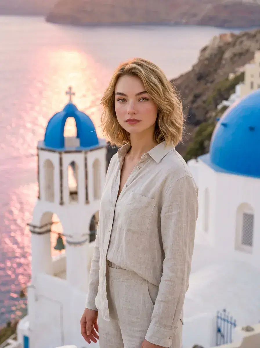 AI AI Santorini Travel Photos — Greek Isle Vibes — Person at Santorini bell tower overlook at sunrise with caldera below
