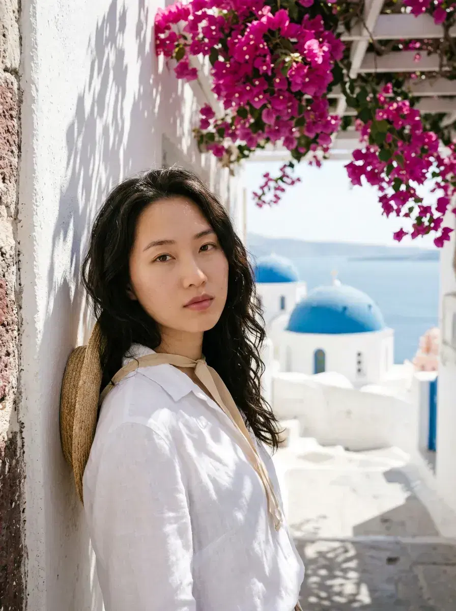AI AI Santorini Travel Photos — Greek Isle Vibes — Person leaning on whitewashed Santorini wall with bougainvillea overhead