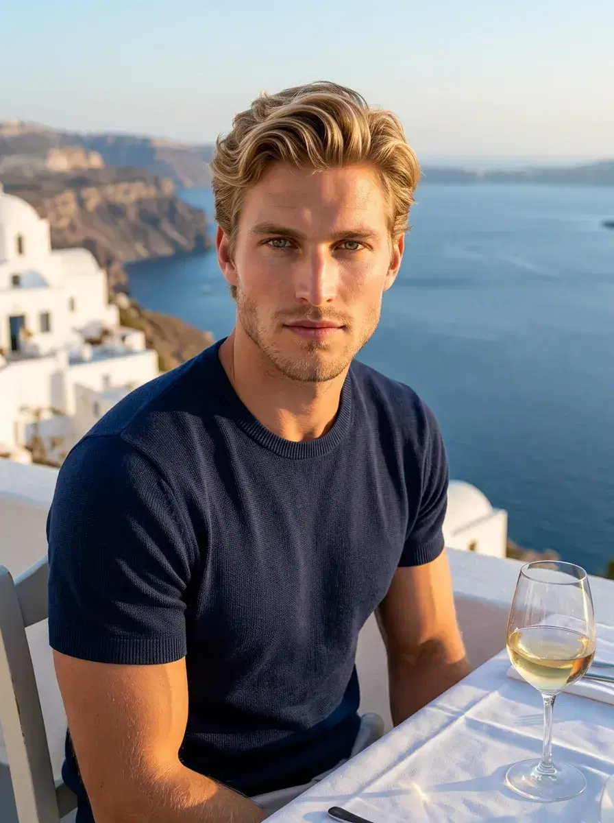 AI AI Santorini Travel Photos — Greek Isle Vibes — Person at cliffside Santorini restaurant with caldera panorama at golden hour