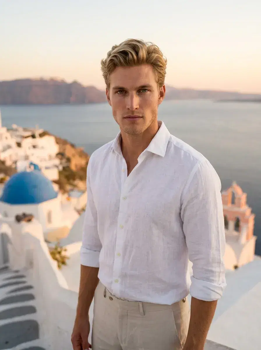 AI AI Santorini Travel Photos — Greek Isle Vibes — Person on a Santorini whitewashed terrace with blue dome church at golden hour