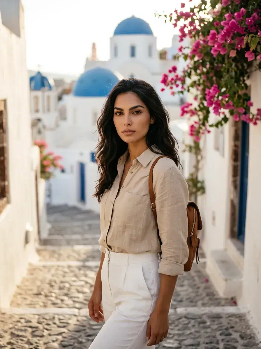 AI AI Santorini Travel Photos — Greek Isle Vibes — Person on iconic Santorini cobblestone alley steps with bougainvillea