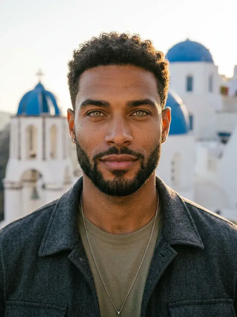 AI AI Santorini Travel Photos — Greek Isle Vibes — Close-up portrait with Santorini blue dome and white walls behind
