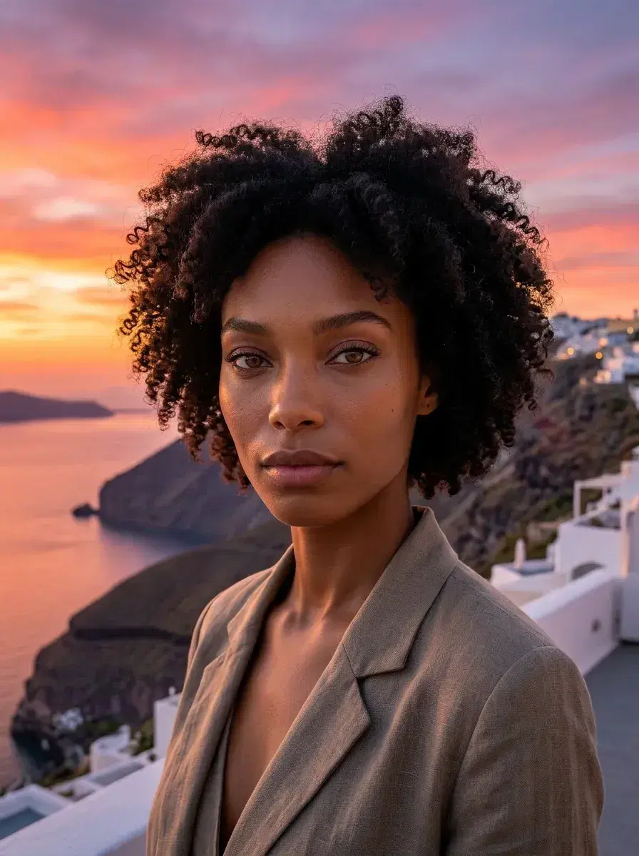 AI AI Santorini Travel Photos — Greek Isle Vibes — Person on Santorini cliffside at sunset with dramatic caldera view