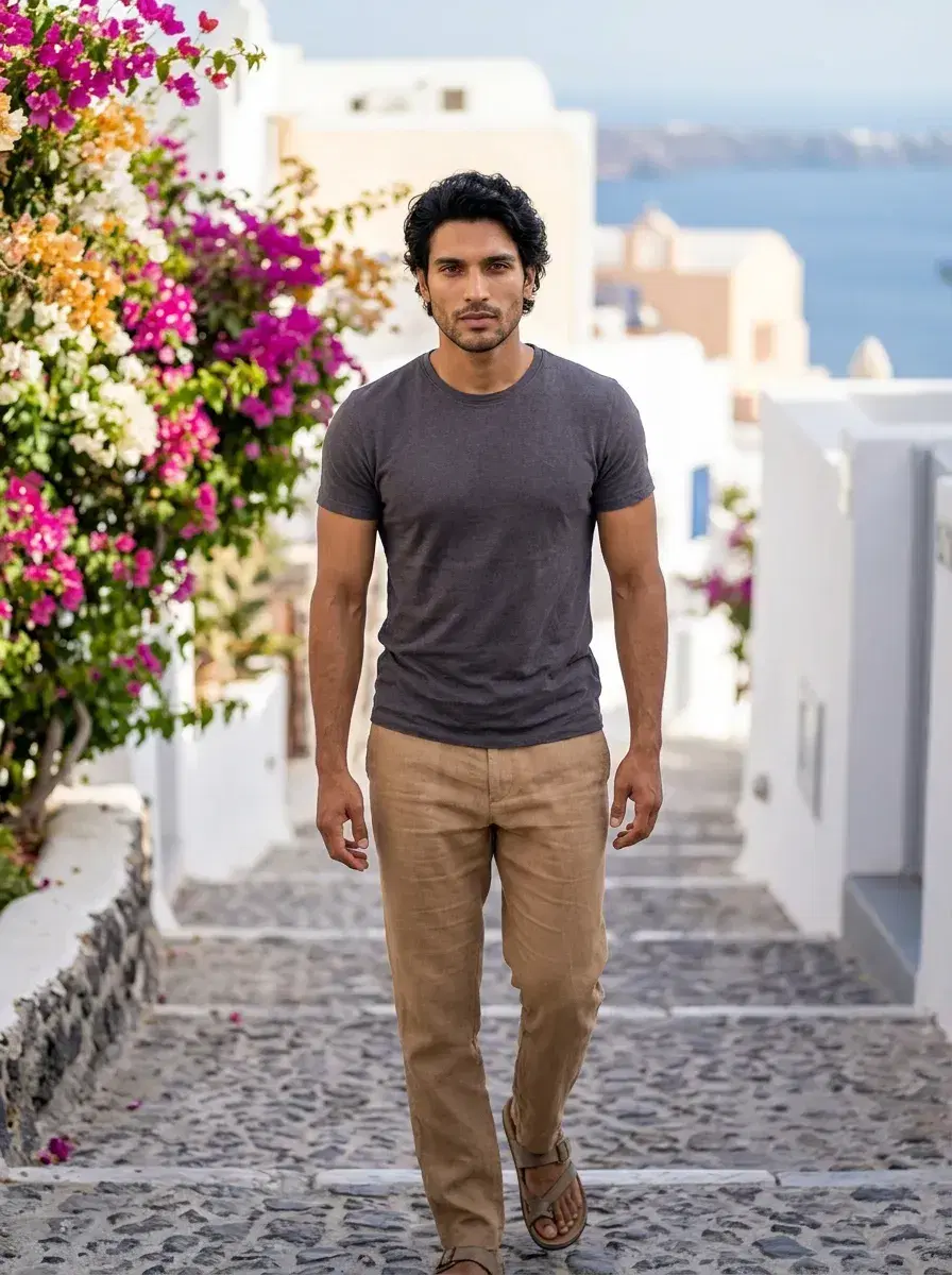 AI AI Santorini Travel Photos — Greek Isle Vibes — Person exploring Fira Santorini stone streets with Cycladic architecture