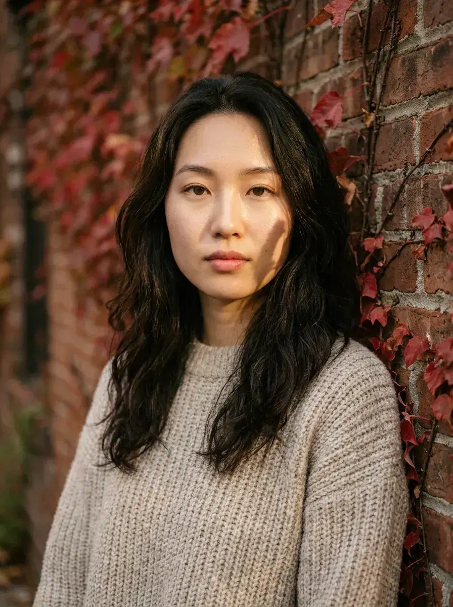 AI AI September Photos — Autumn Vibes — Person in chunky knit sweater against a red ivy-covered brick wall in autumn light