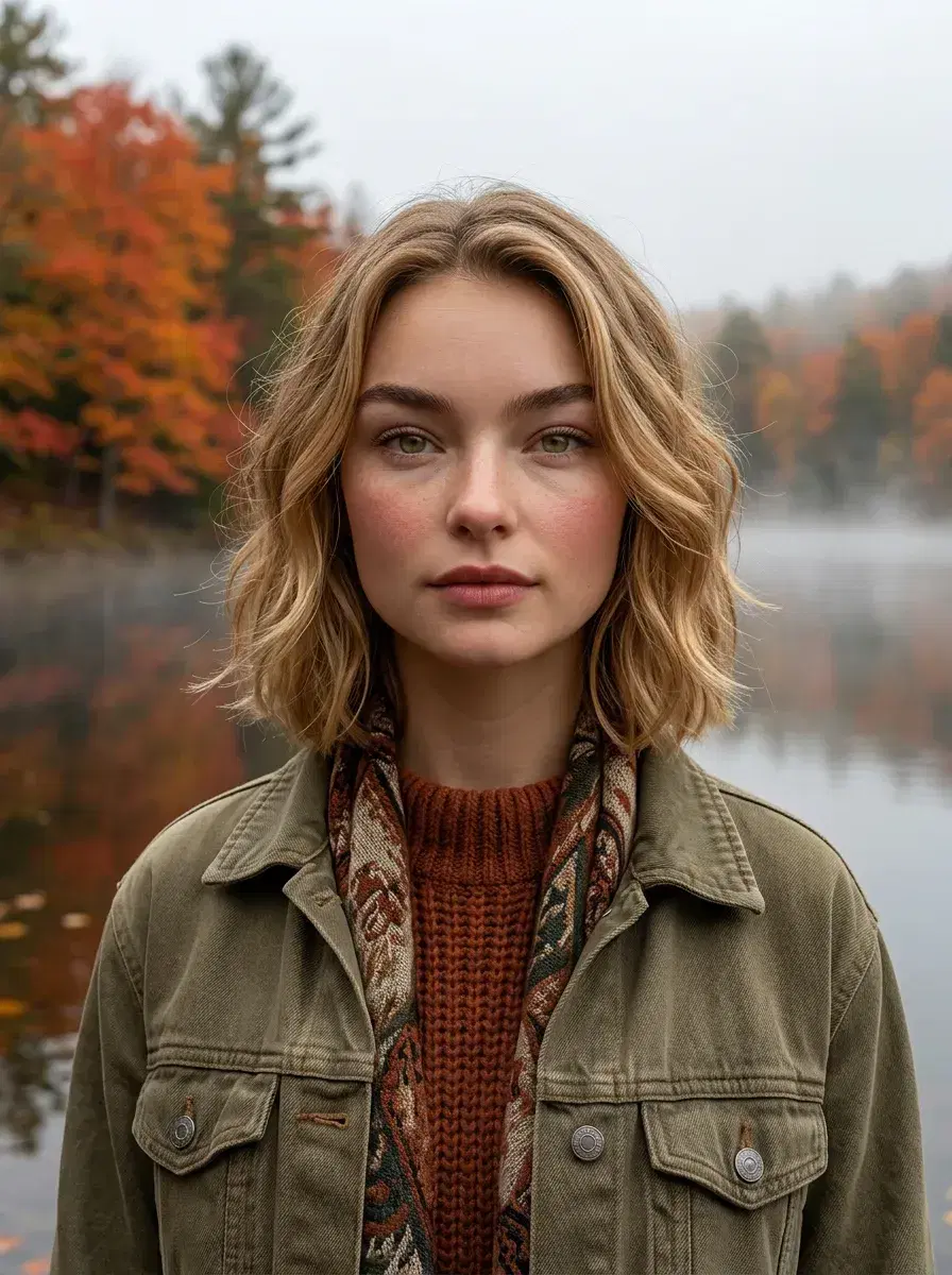 AI AI September Photos — Autumn Vibes — Person in fall streetwear at a misty autumn lake with orange and red foliage reflections