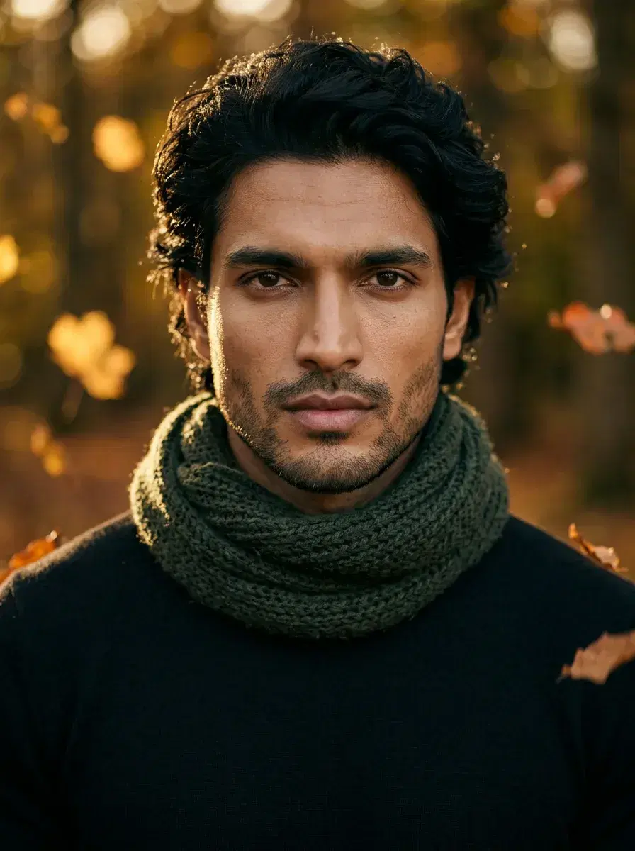 AI AI September Photos — Autumn Vibes — Close-up portrait with cozy scarf and golden bokeh of falling autumn leaves