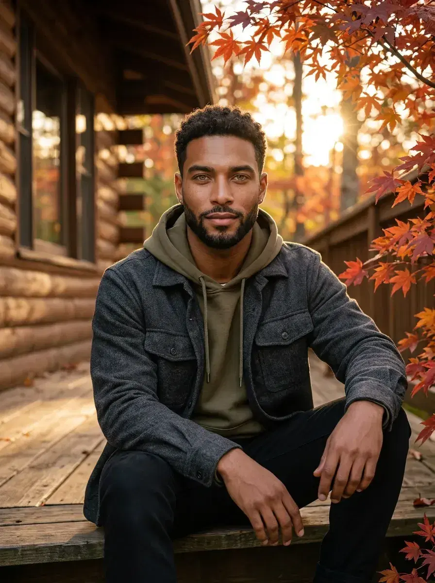 AI AI September Photos — Autumn Vibes — Person on a wooden cabin porch surrounded by red and orange maple trees in autumn