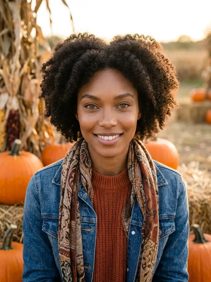 AI AI September Photos — Autumn Vibes — Person at a pumpkin patch in a layered fall outfit with warm afternoon light