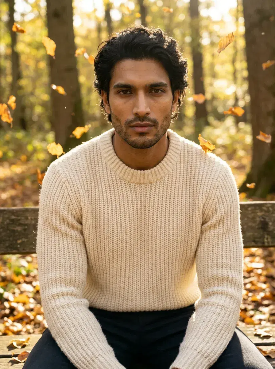 AI AI September Photos — Autumn Vibes — Person on a wooden bench in a sunlit autumn forest with falling golden leaves