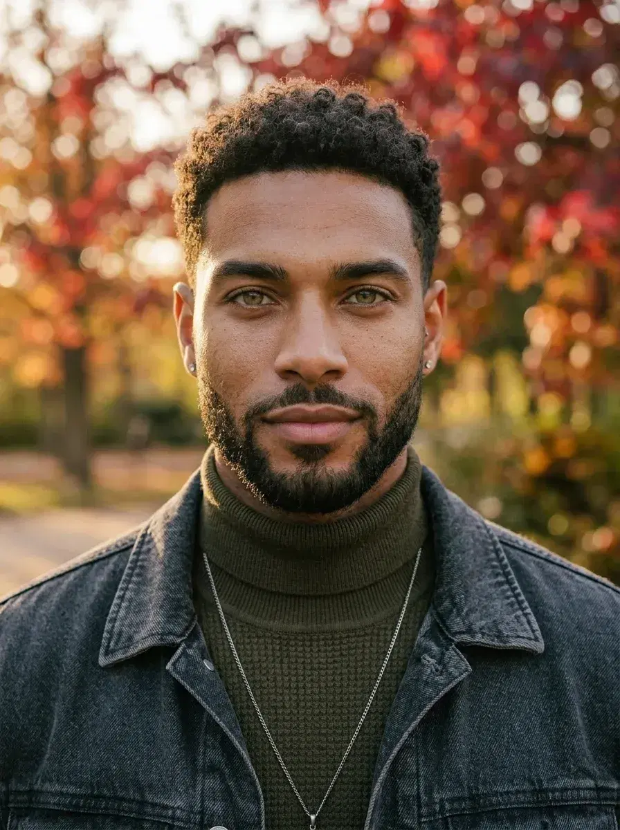 AI AI September Photos — Autumn Vibes — Close-up portrait with warm turtleneck against blurred autumn foliage in golden light