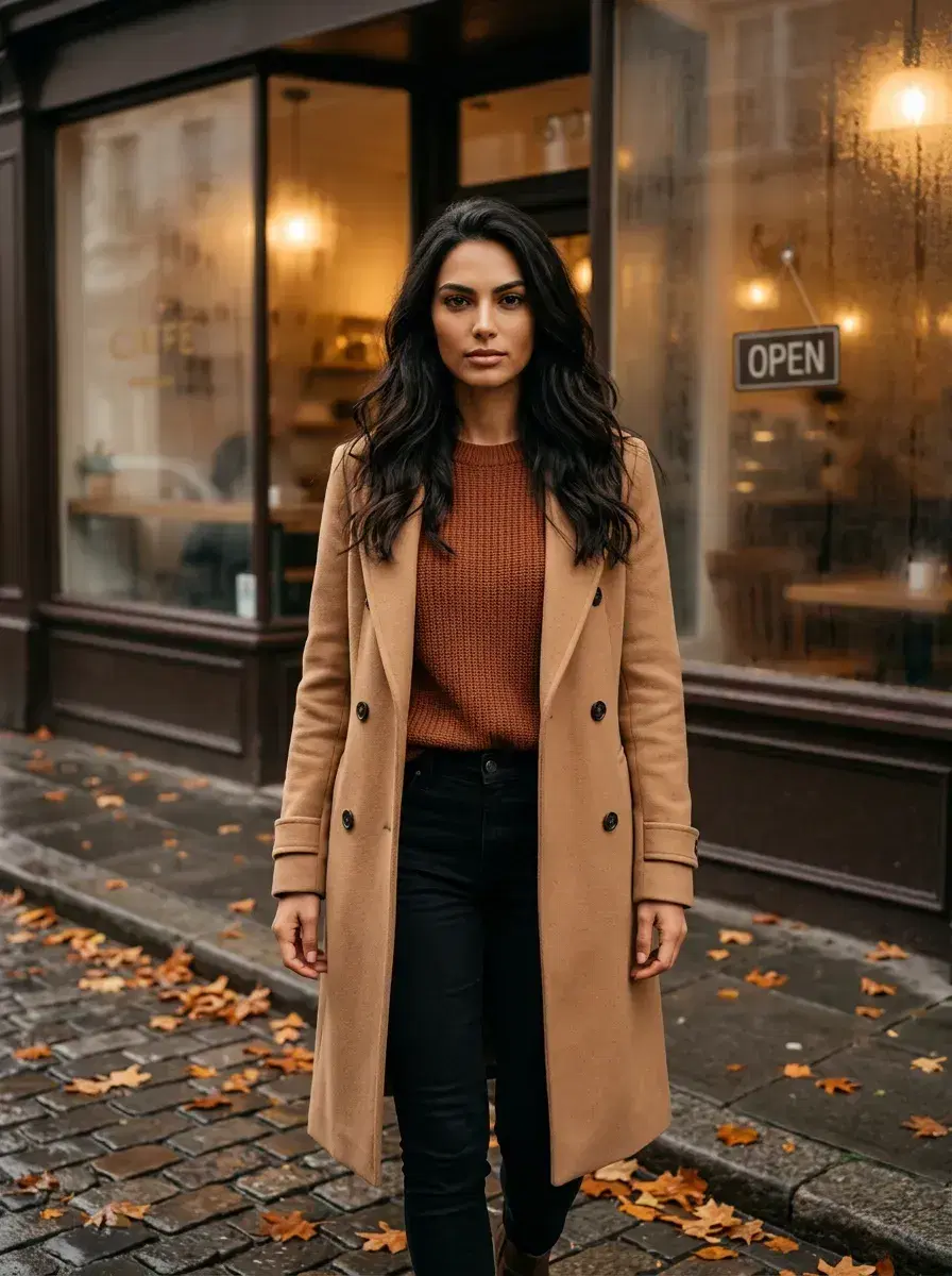 AI AI September Photos — Autumn Vibes — Person outside a cozy autumn café with fogged windows and fallen leaves on cobblestones