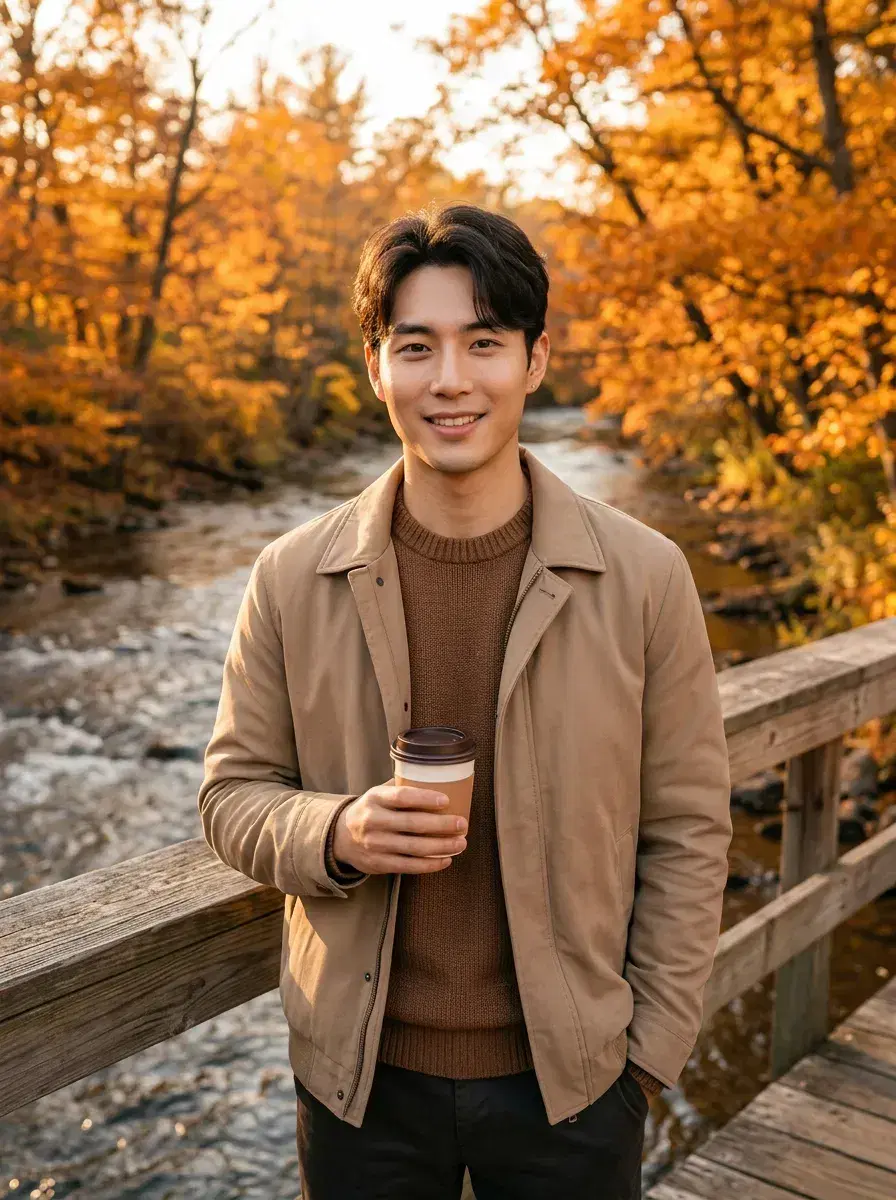 AI AI September Photos — Autumn Vibes — Person holding a warm drink on a wooden bridge surrounded by amber autumn trees
