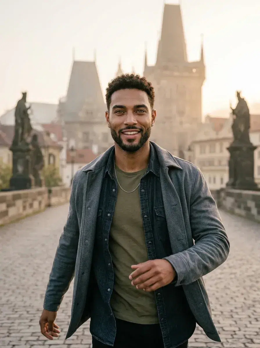 AI AI Solo Travel Photos — Instant Wanderlust — AI solo travel photo on Charles Bridge Prague at dawn