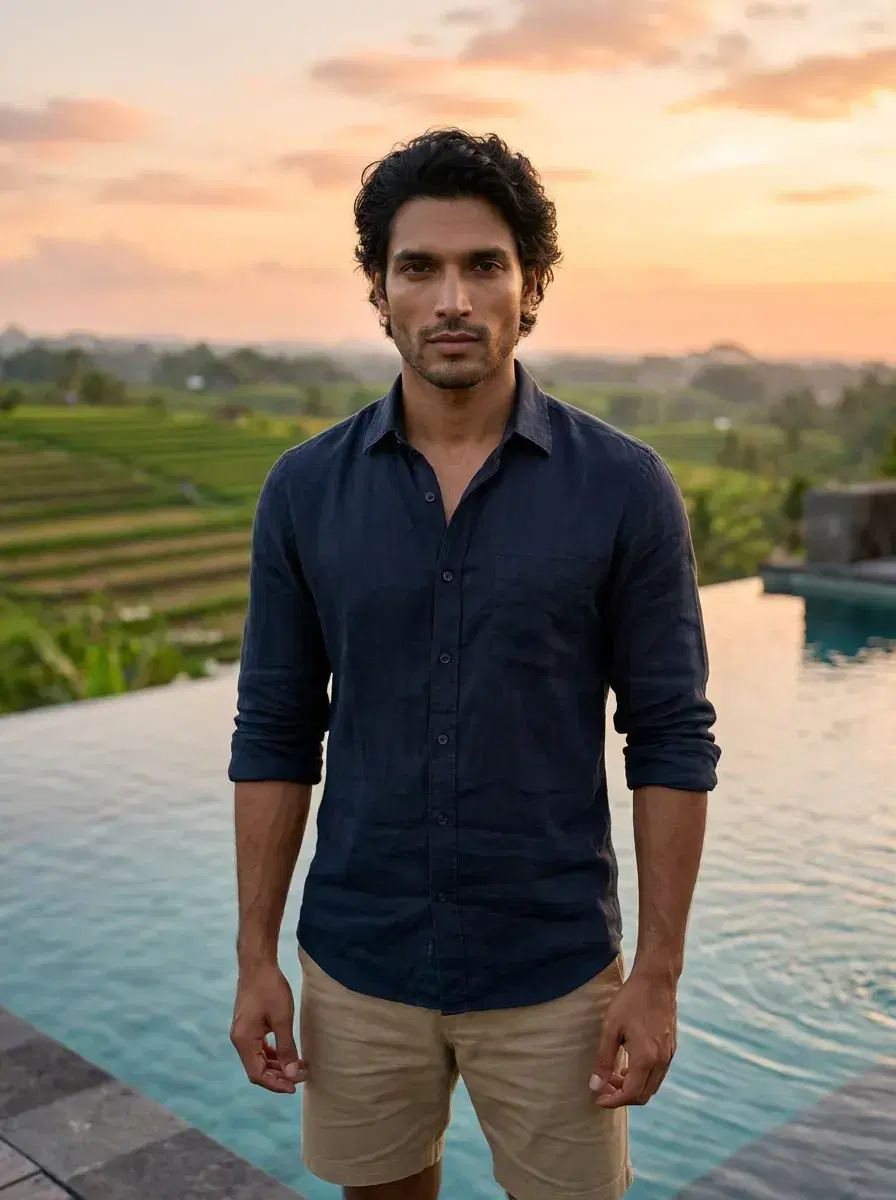 AI AI Solo Travel Photos — Instant Wanderlust — AI solo travel photo at Bali infinity pool at sunset