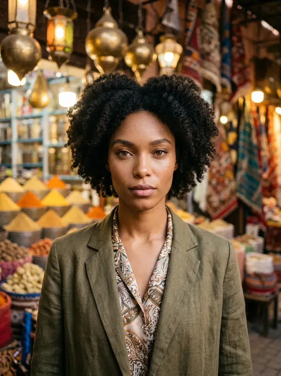 AI AI Solo Travel Photos — Instant Wanderlust — AI solo travel portrait at Marrakech spice market