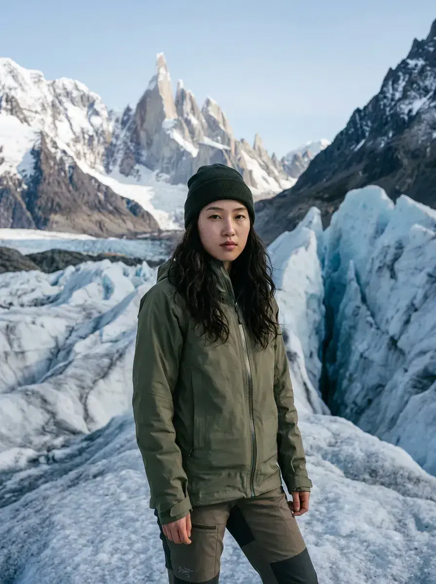 AI AI Solo Travel Photos — Instant Wanderlust — AI solo travel photo on a glacier in Patagonia