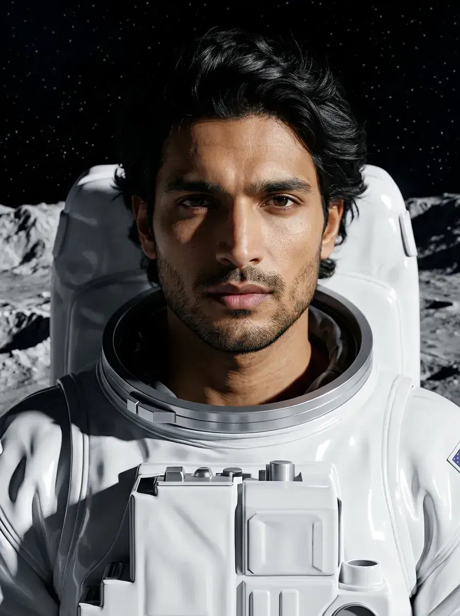 AI AI Space Photos — Astronaut Portraits — Astronaut portrait on the Moon with craters and stars — AI space photo