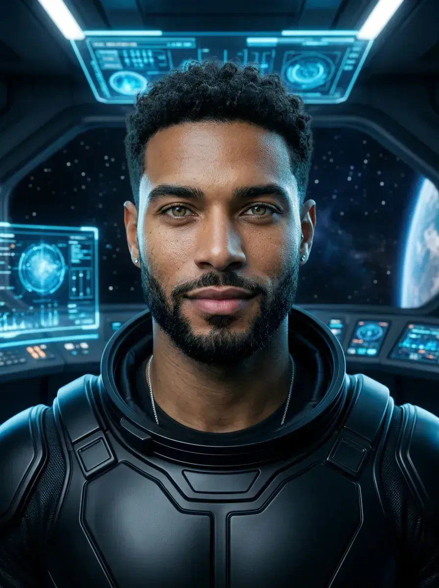AI AI Space Photos — Astronaut Portraits — Person on futuristic starship bridge in black space suit — AI sci-fi portrait
