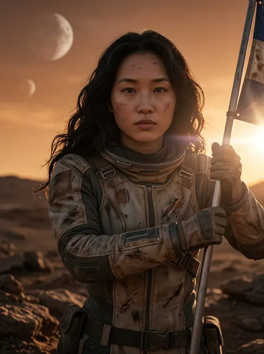 AI AI Space Photos — Astronaut Portraits — Person planting flag on alien planet with twin moons — AI space explorer photo