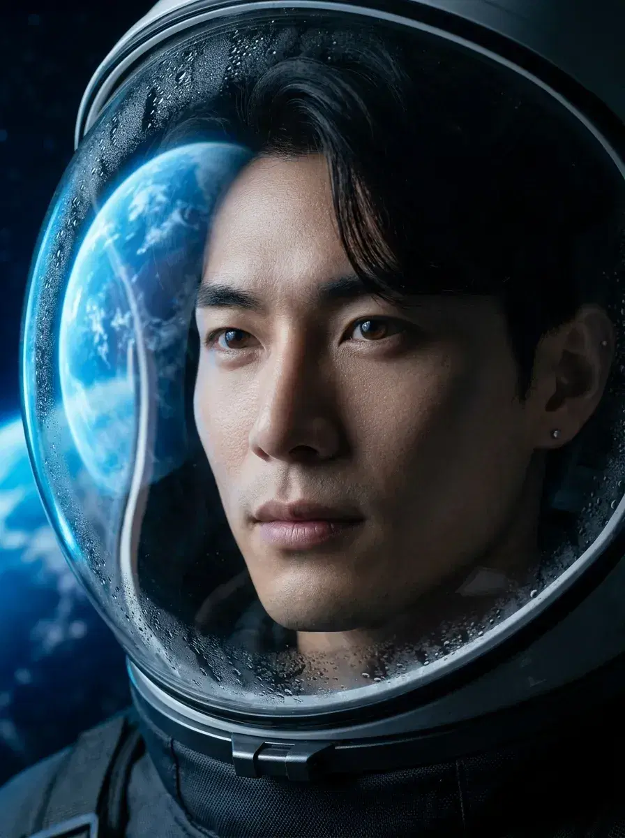 AI AI Space Photos — Astronaut Portraits — Close-up inside space helmet with blue planet behind — AI astronaut portrait