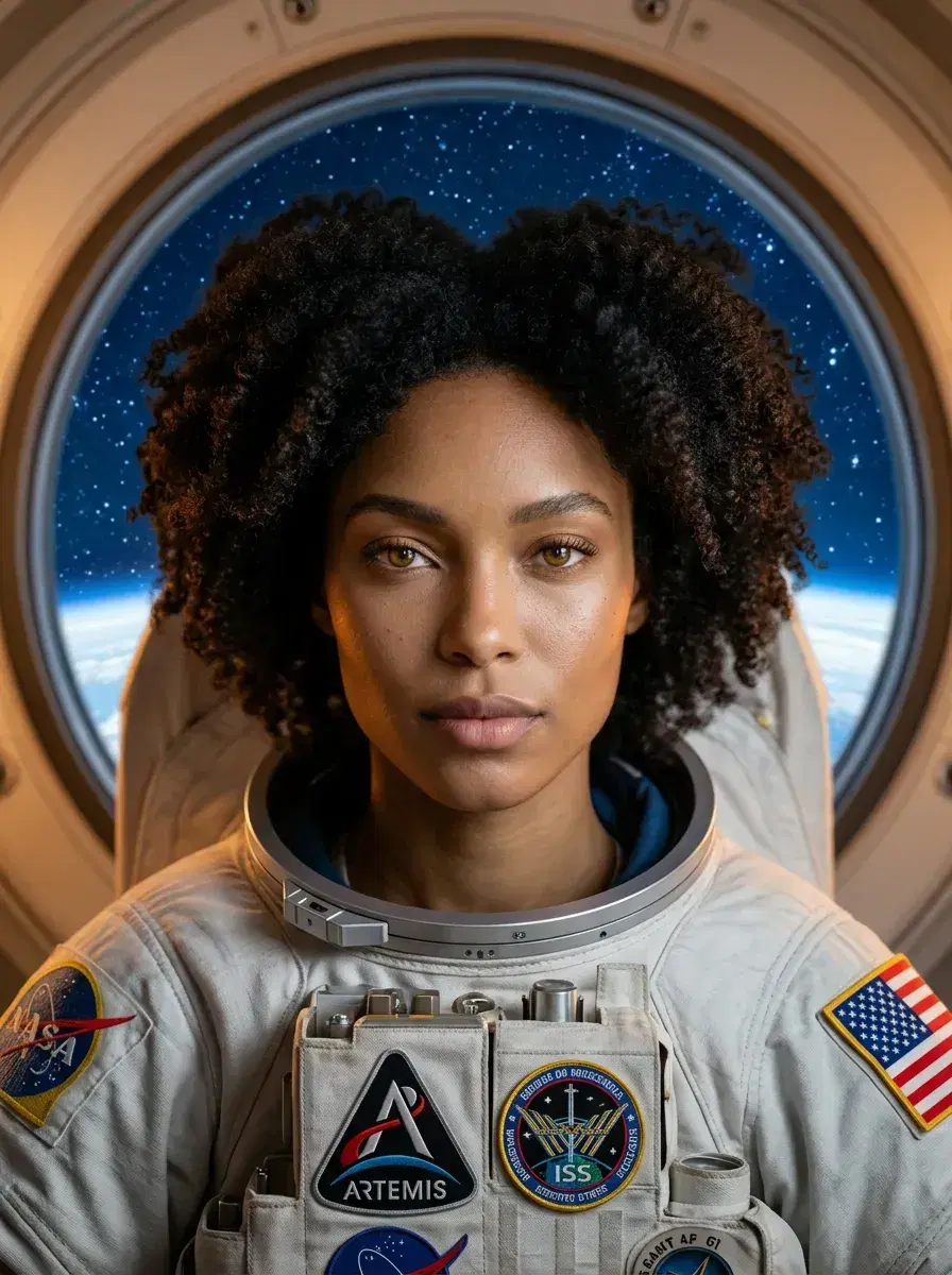 AI AI Space Photos — Astronaut Portraits — Astronaut in airlock with starfield through porthole — AI space station photo