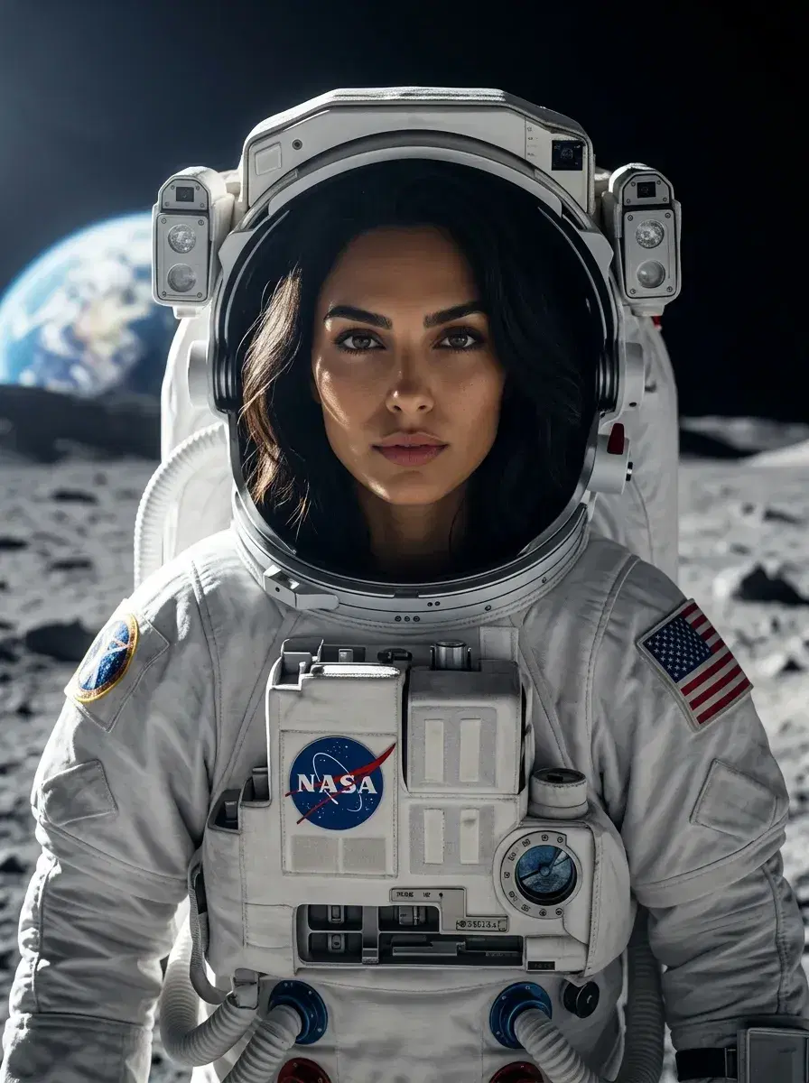 AI AI Space Photos — Astronaut Portraits — Person in astronaut suit on the moon with Earth in background — AI space photo