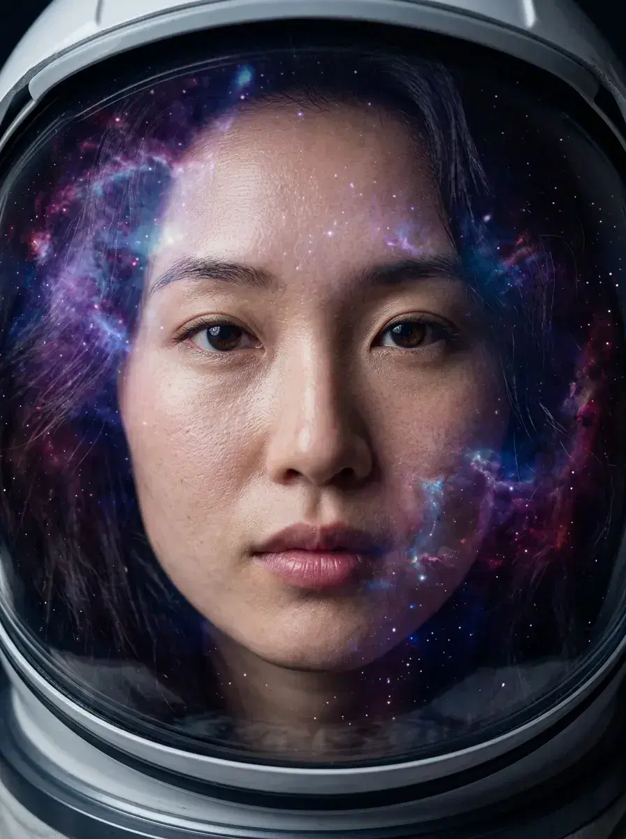 AI AI Space Photos — Astronaut Portraits — Close-up portrait inside space helmet with nebula reflection — AI astronaut photo