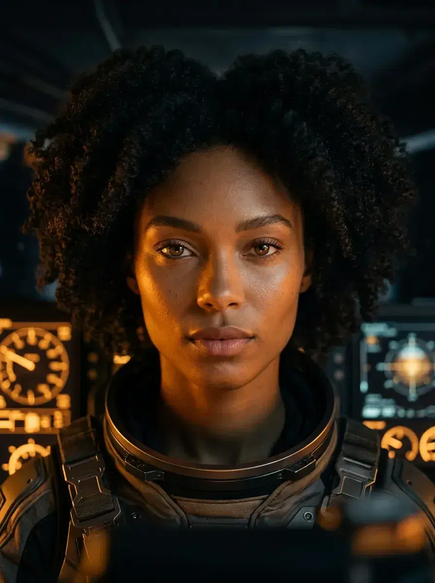 AI AI Space Photos — Astronaut Portraits — Person in spacecraft cockpit with glowing instrument panels — AI space portrait