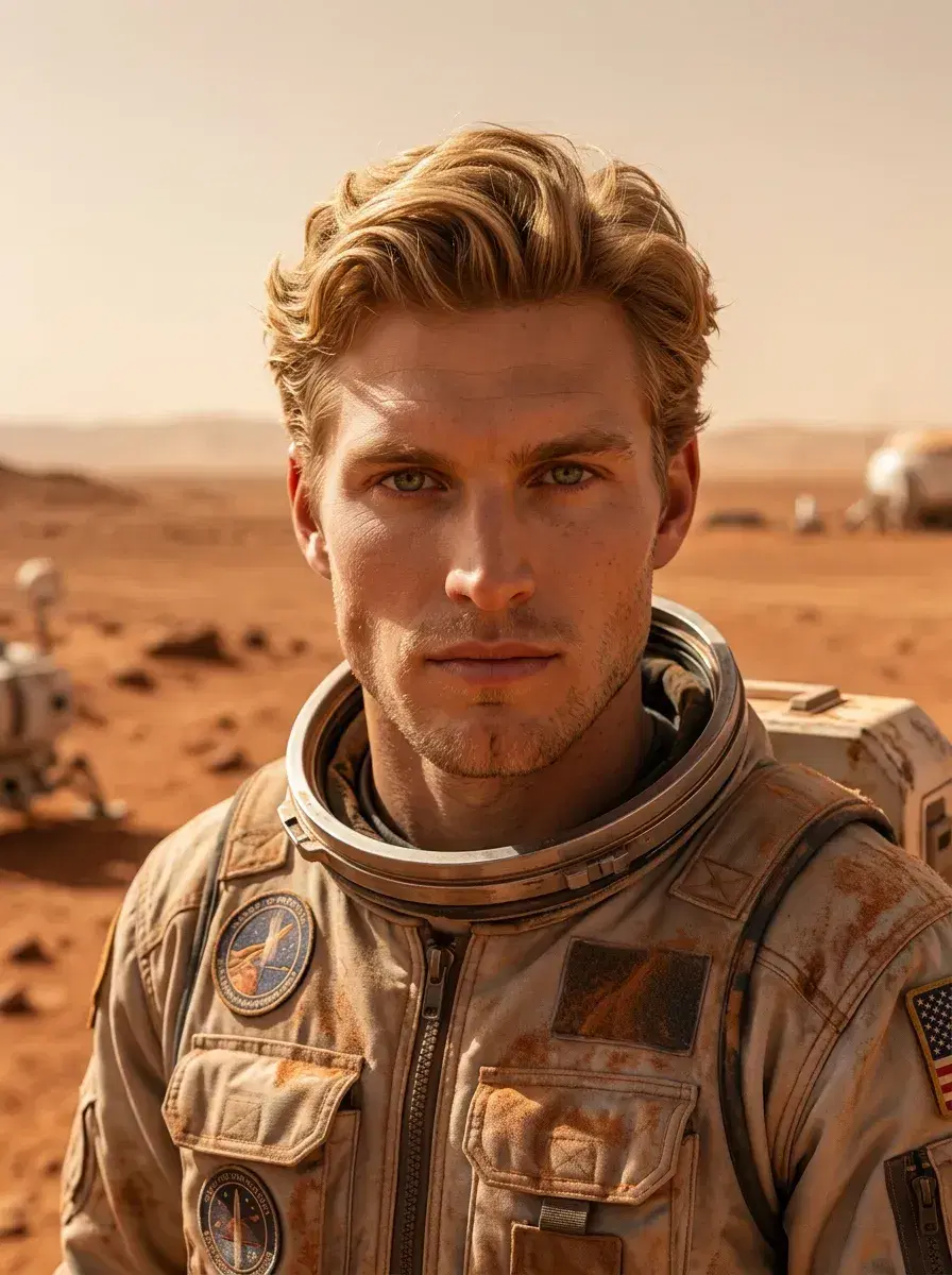 AI AI Space Photos — Astronaut Portraits — Person in space suit on Mars surface — AI Mars explorer photo