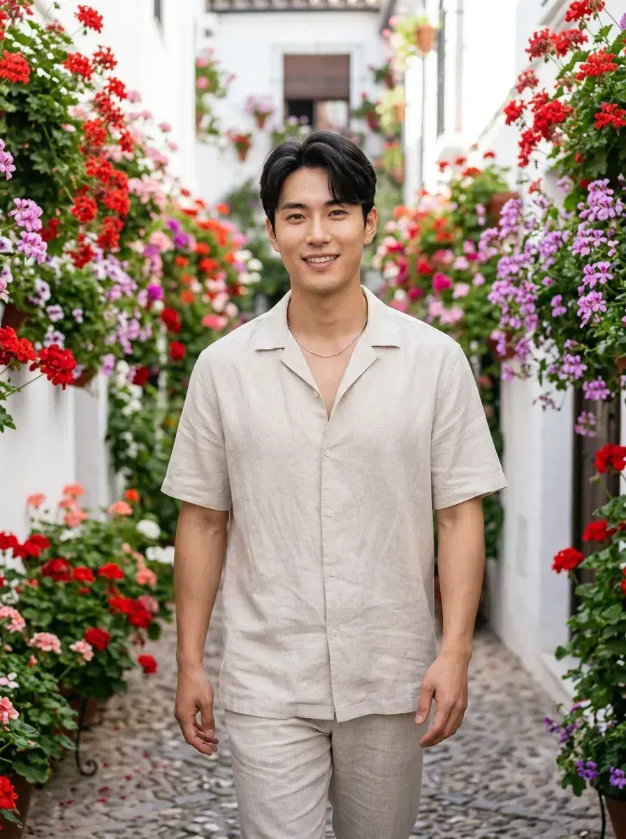 AI AI Spain Travel Photos — Instant Wanderlust — Person in Córdoba flower alley summer scene