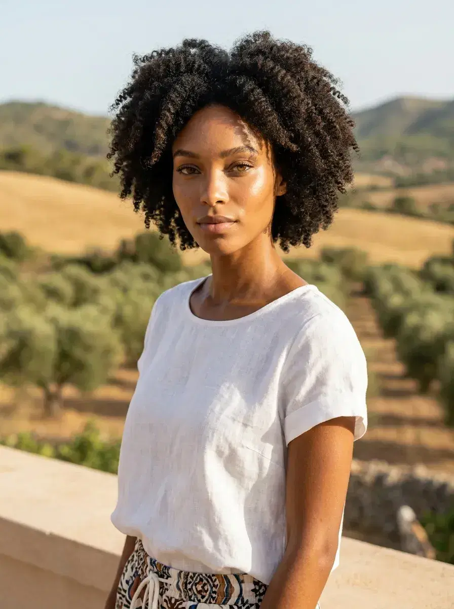 AI AI Spain Travel Photos — Instant Wanderlust — Person on Mallorcan finca terrace with olive grove backdrop