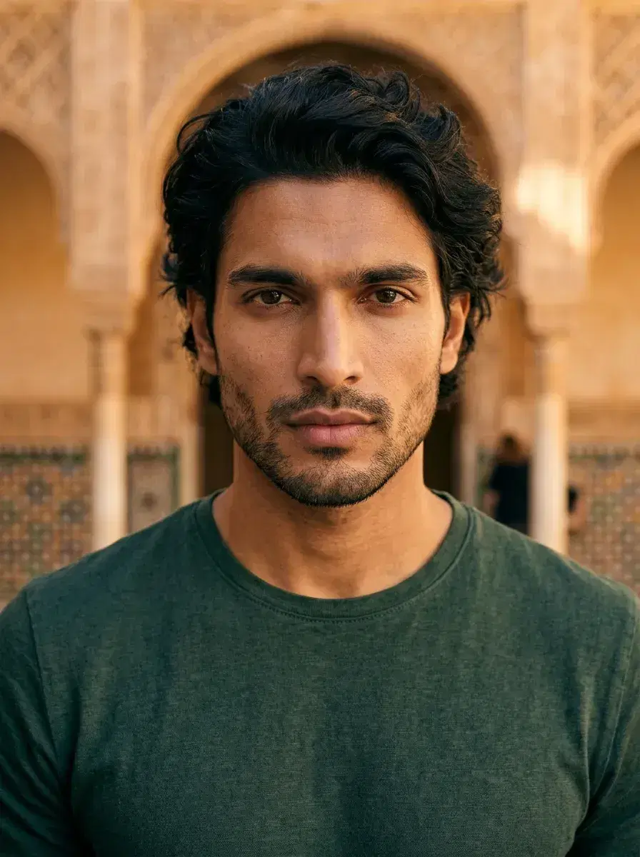 AI AI Spain Travel Photos — Instant Wanderlust — Close-up portrait at the Alhambra palace arches in Granada