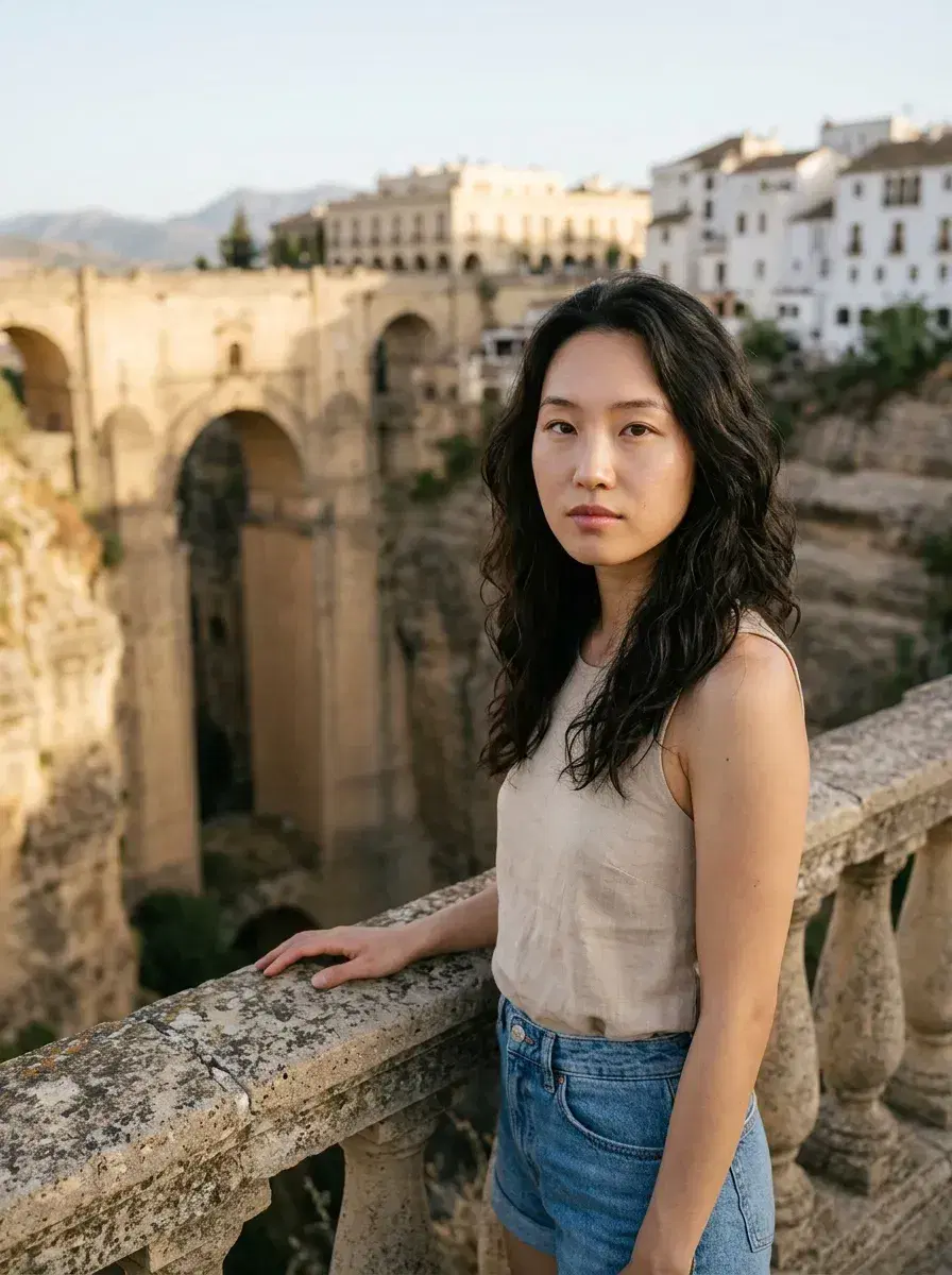 AI AI Spain Travel Photos — Instant Wanderlust — Person at Ronda cliffside viewpoint overlooking the gorge