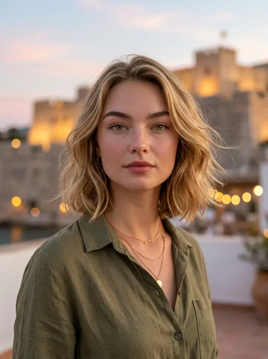 AI AI Spain Travel Photos — Instant Wanderlust — Person on Ibiza terrace overlooking the old town at dusk