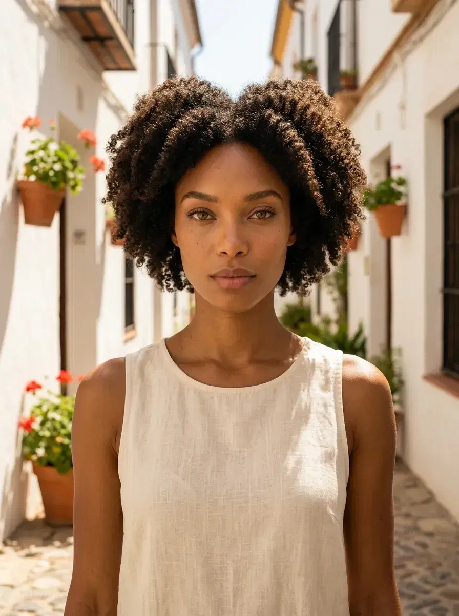 AI AI Spain Travel Photos — Instant Wanderlust — Person in summer outfit on a whitewashed Seville alley