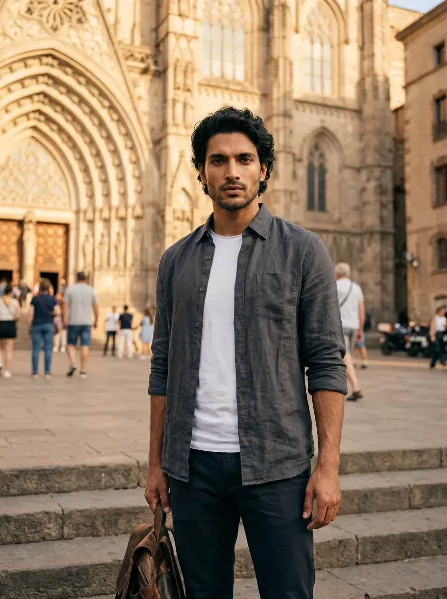 AI AI Spain Travel Photos — Instant Wanderlust — Person on cathedral steps in Barcelona golden hour
