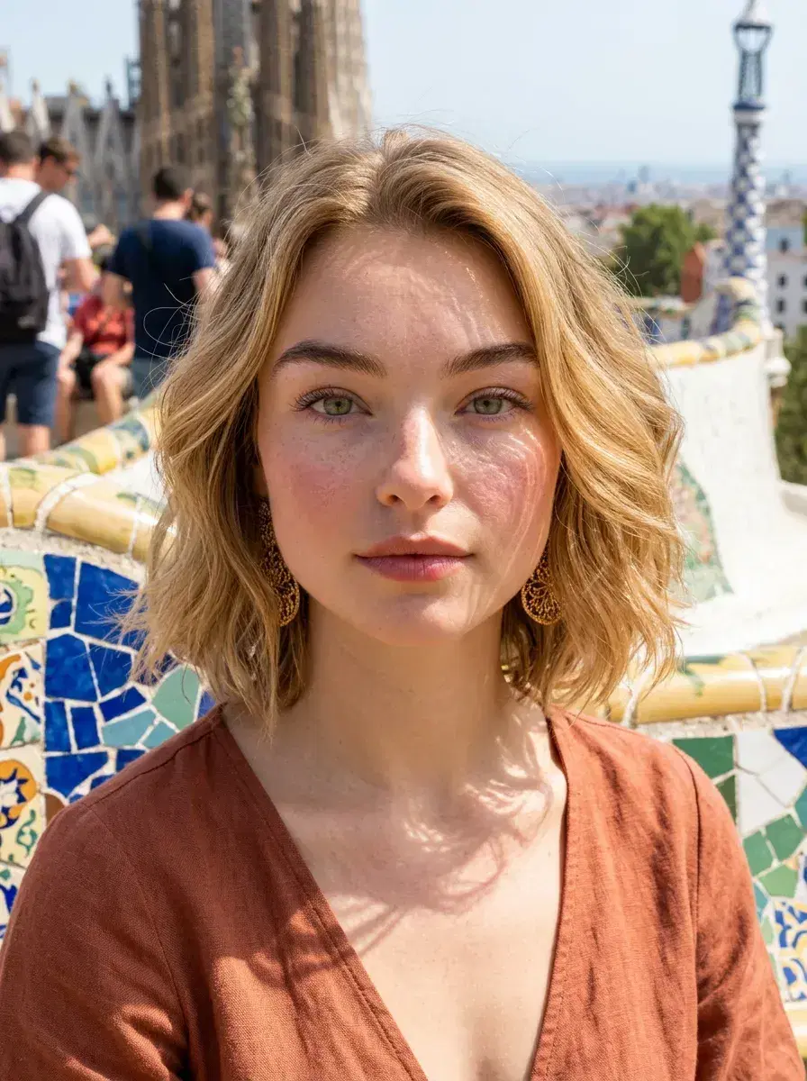 AI AI Spain Travel Photos — Instant Wanderlust — Close-up portrait at Park Güell mosaic overlook