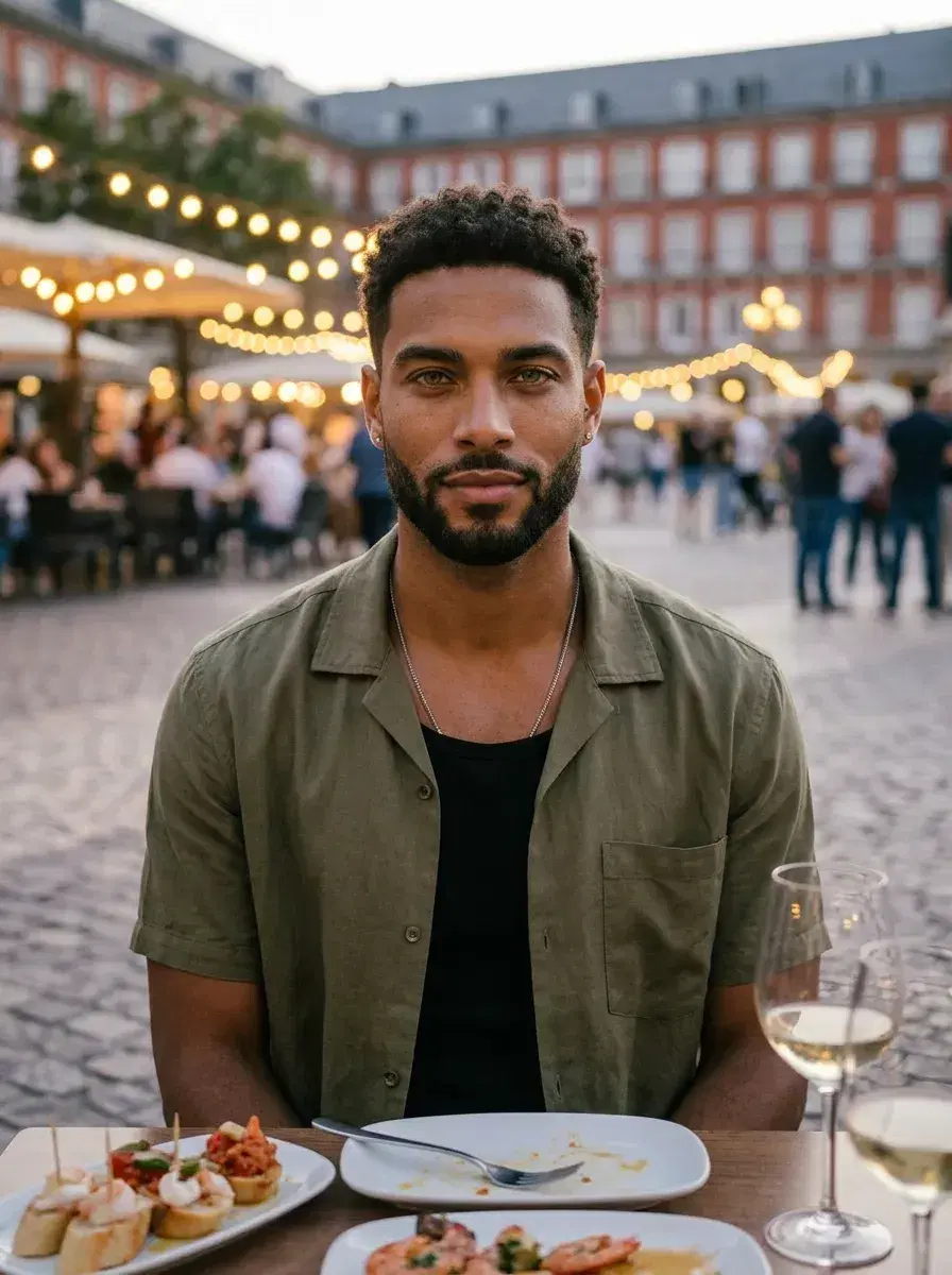 AI AI Spain Travel Photos — Instant Wanderlust — Person at Madrid tapas bar on a cobblestone plaza at night