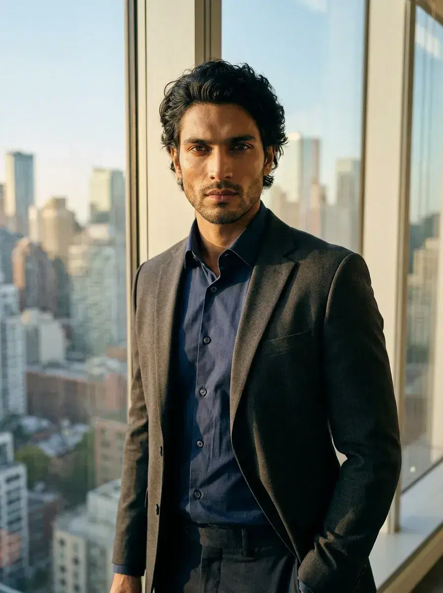 AI AI Startup Founder Portraits — Look Visionary — Waist-up AI founder headshot by window with downtown skyline view