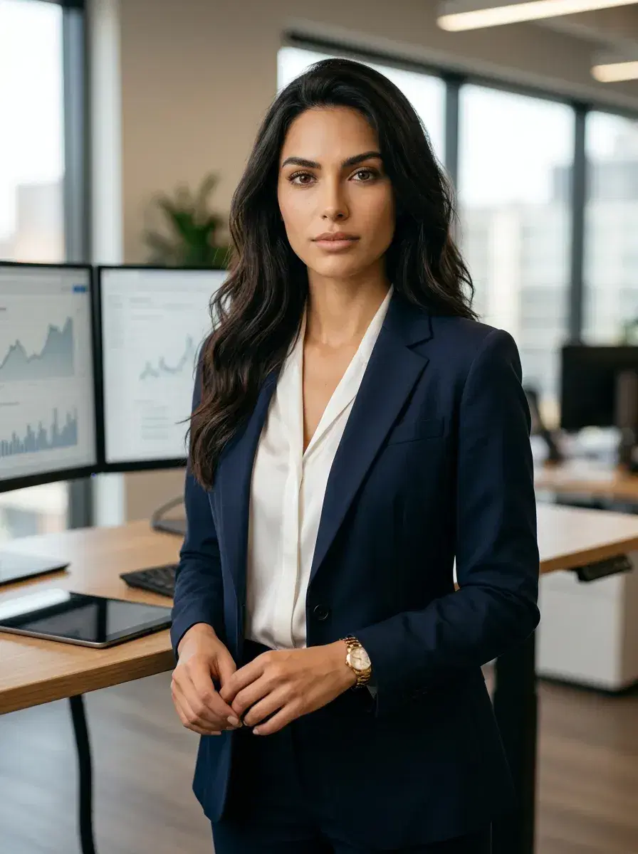 AI AI Startup Founder Portraits — Look Visionary — AI founder portrait at standing desk in premium tech office